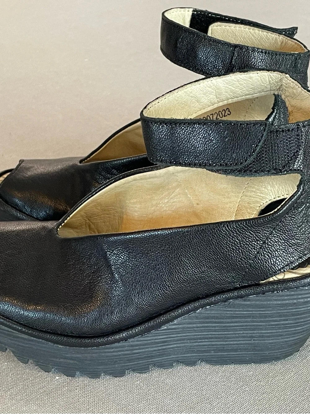 Fly London Black Leather Peep Toe Platform Wedge Sandals with Ankle Strap